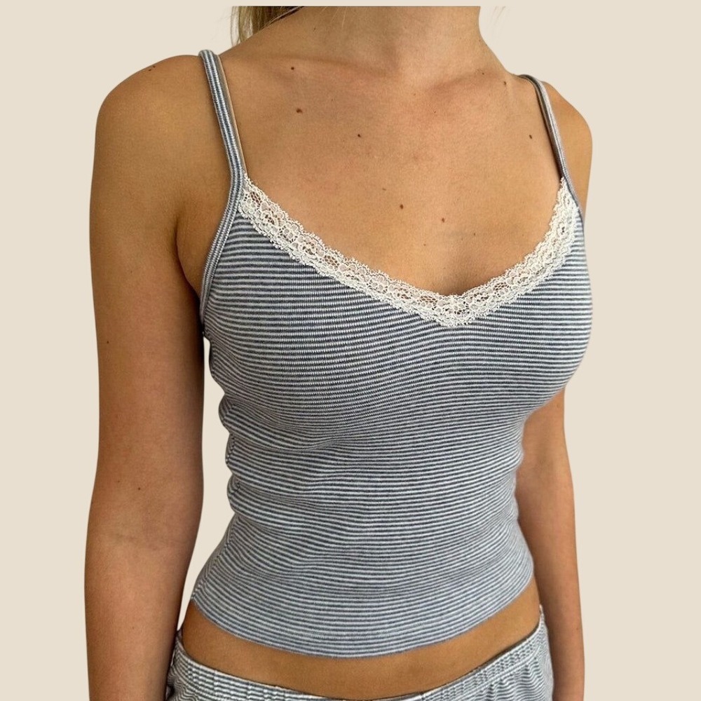 Brandy Melville Blue White Striped Lace Cami Tank Top Small Coquette Y2K Coastal